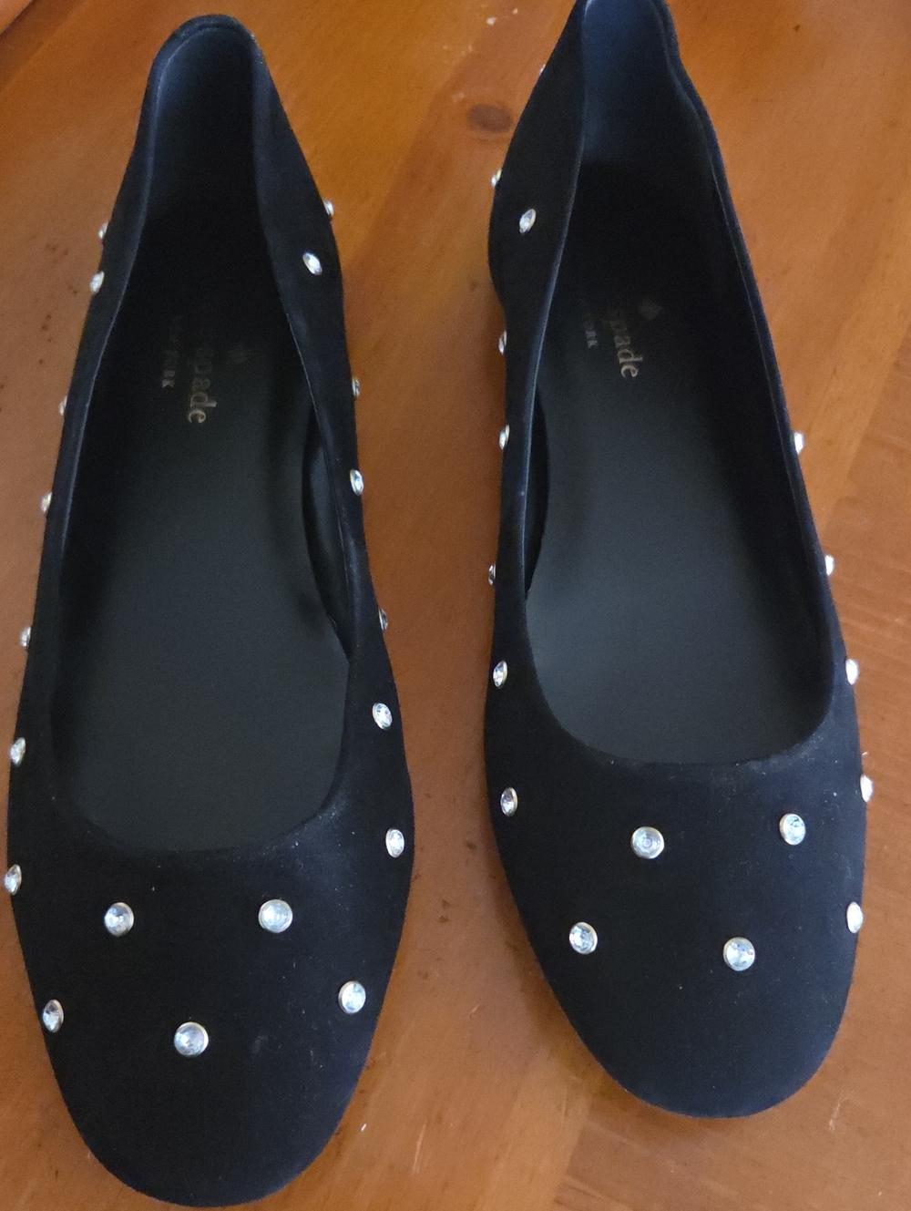 kate spade Black Suede Ballet Flats with Crystal Studs
